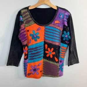 Art To Wear Top M Black Multicolor Floral Patchwork Embroidered Artsy Boho Women